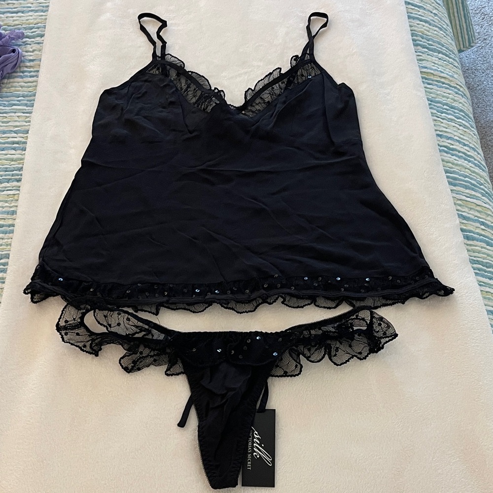 Victoria's Secret Silk Black Lace Chemise Set